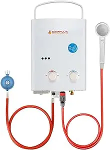 Camplux AY132-DE 5 Liter Tankless Gasdurchlauferhitzer 50mbar, LPG Durchlauferhitzer mit Tragbarer Griff, 10kW, Propan- oder Butangas, Campingdusche [Energieklasse A+]