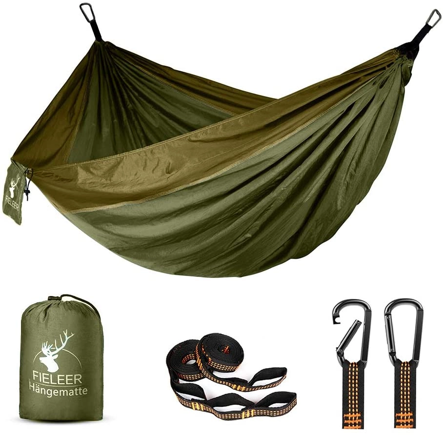 Fieleer Ultraleicht Reise Camping Hängematte Outdoor Hammock | Mit Premium Karabinern&2,5cm Breiten Schwerlastgurten mit 6 Schlingen | 275x140cm, 300kg Traglast, Fallschirm Nylon | Für Draußen Drinnen