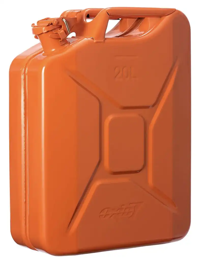 Oxid7® Benzinkanister Kraftstoffkanister Metall 20 Liter Orange mit UN-Zulassung - TÜV Rheinland Zertifiziert - Bauart geprüft - für Benzin und Diesel