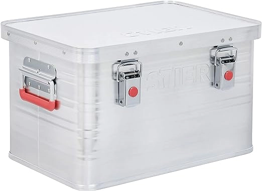 STIER Alubox, Aluminiumbox 30L, Staub- und spritzwasserresistent mit Gummidichtung und 2 Klapphandgriffen, Transportkiste aus verchromten Stahl und stabilen Hebelspannverschlüssen