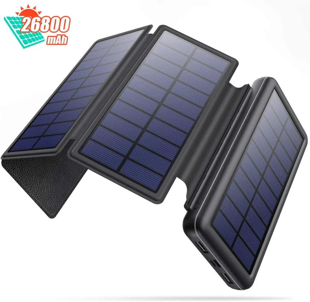 HETP Solar Powerbank 26800mAh, [4 Faltbar Solarpanel] Solar Ladegerät【3 Eingang IN 2 Ausgang】 Externer Akku USB C Eingang 4 LEDs Power Bank Akku Pack Camping Outdoor für Telefone Tablets und mehr