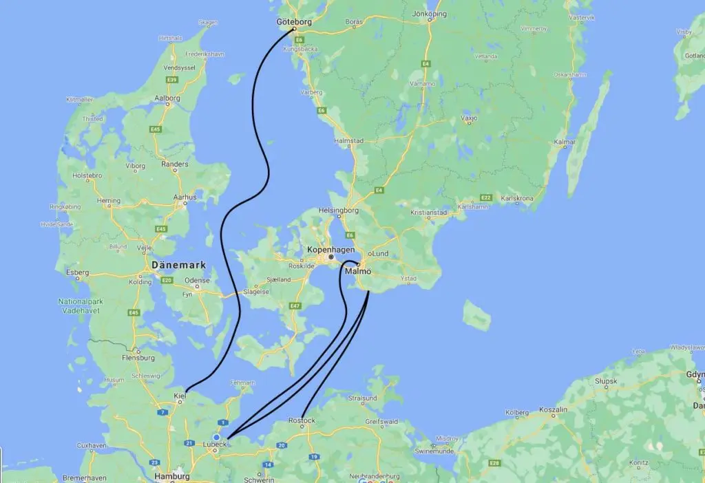 karte Fähreverbindungen nach Schweden