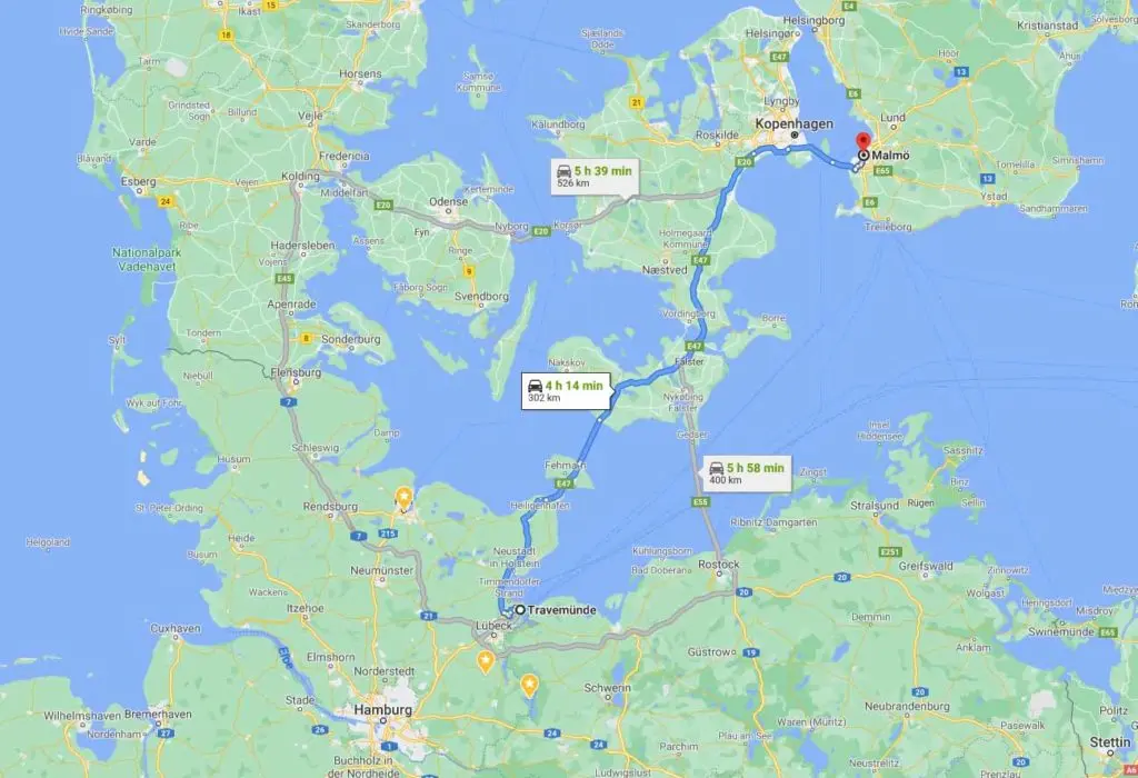 karte land und seeweg nach schweden