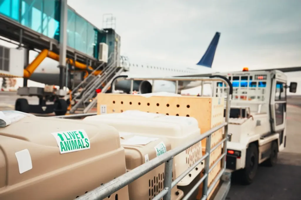 Rollfeld am Flughafen Gepäckwagen Flughafengebäude im Hintergrund