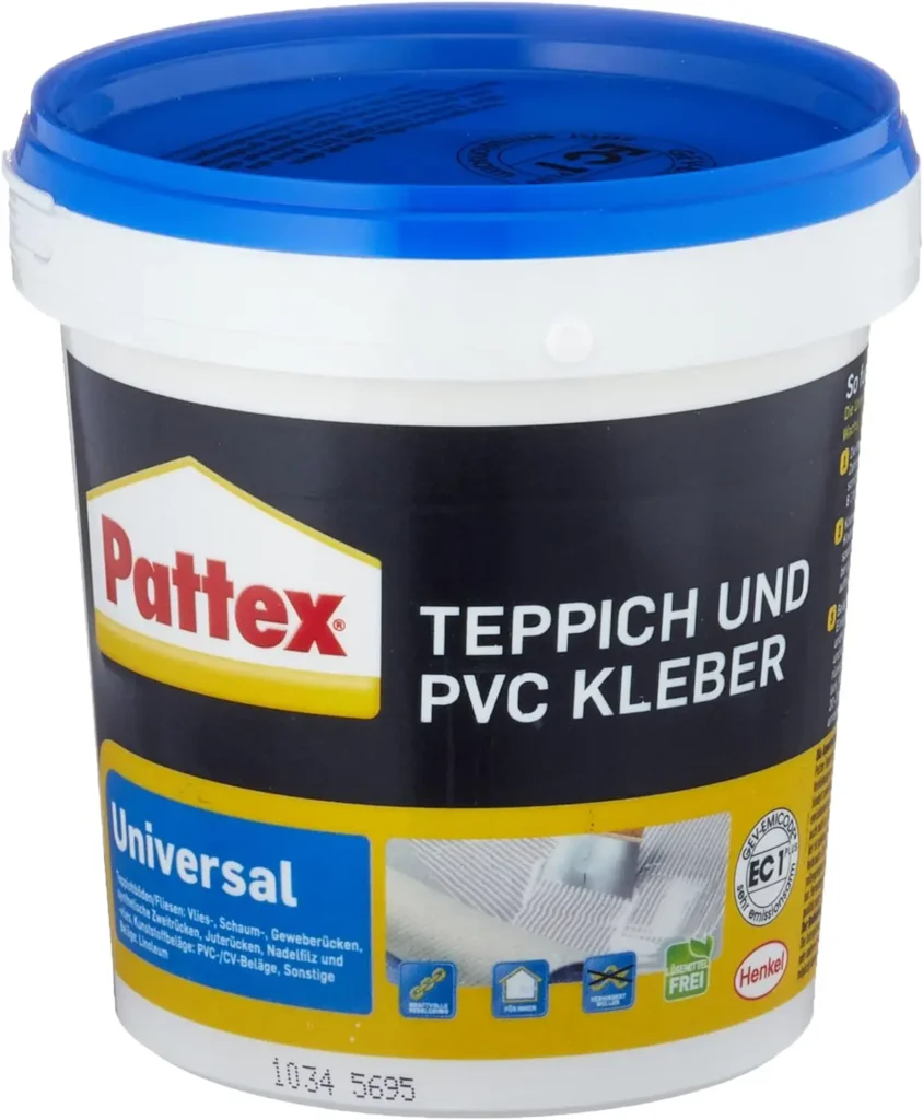 Pattex Teppich und PVC Kleber, lösemittelfreier Dispersionskleber, zum idealen Verkleben von PVC-Belägen in verschiedenen Formen oder Teppichen mit PVC-Vliesrücken, 1x1kg