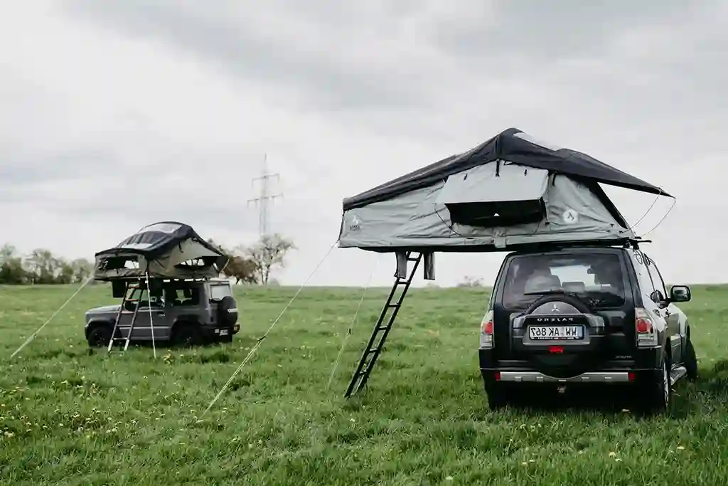 Arcta Dachzelte wiese bedeckter himmel autos