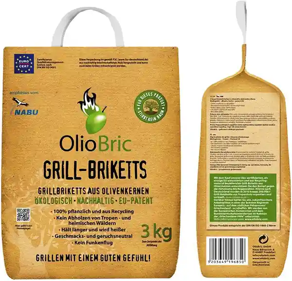 Olivenkern Grill Briketts ökologisch nachhaltig NABU OlioBric camping outdoor küche zubehör kochen unterwegs mit feuer kohle