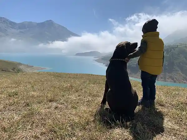 kind mit hund geniessen die aussicht