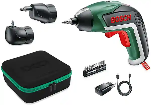 Bosch Akkuschrauber IXO Set (Winkelaufsatz und Exzenteraufsatz, 10 Bits, USB-Ladegerät, Softcase, 3,6 Volt, 1,5 Ah), Klassisch grün