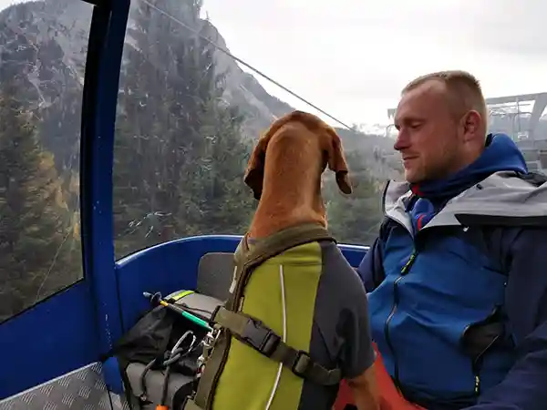 Mann mit Hund in der Bergbahn