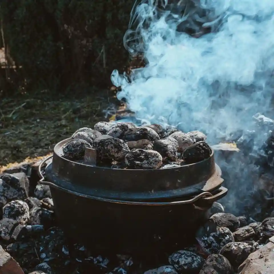 kochen mit feuer, brennstoff, kohle , holz, traditionelles kochen , ursprünglich, dutch oven campingkocher